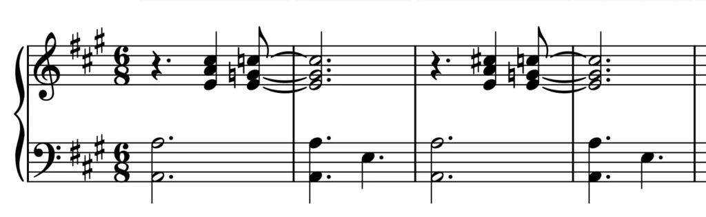 Extrait d'une partition piano pour Col de la Croix-Morand - accords majeur > mineur